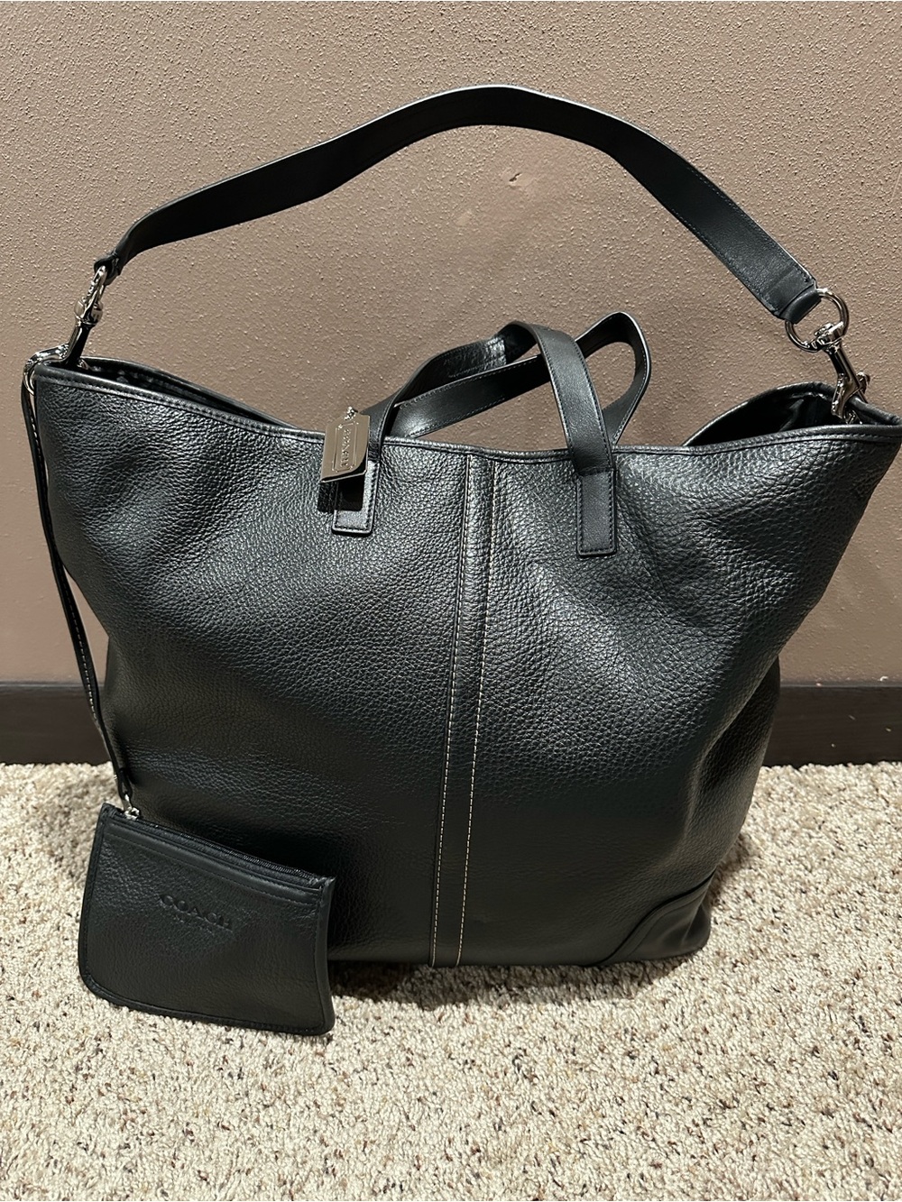 Coach Black Pebbled Leather Tote with Detachable Pouch